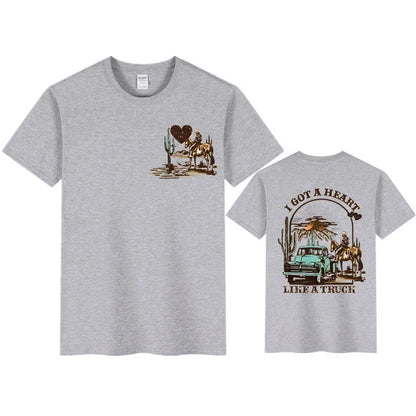 Women T-shirts I Got A Heart Like A Truck Front and Back Shirt Cowboy Tshirts Western Rodeo Desert T Shirts for Women Clothing