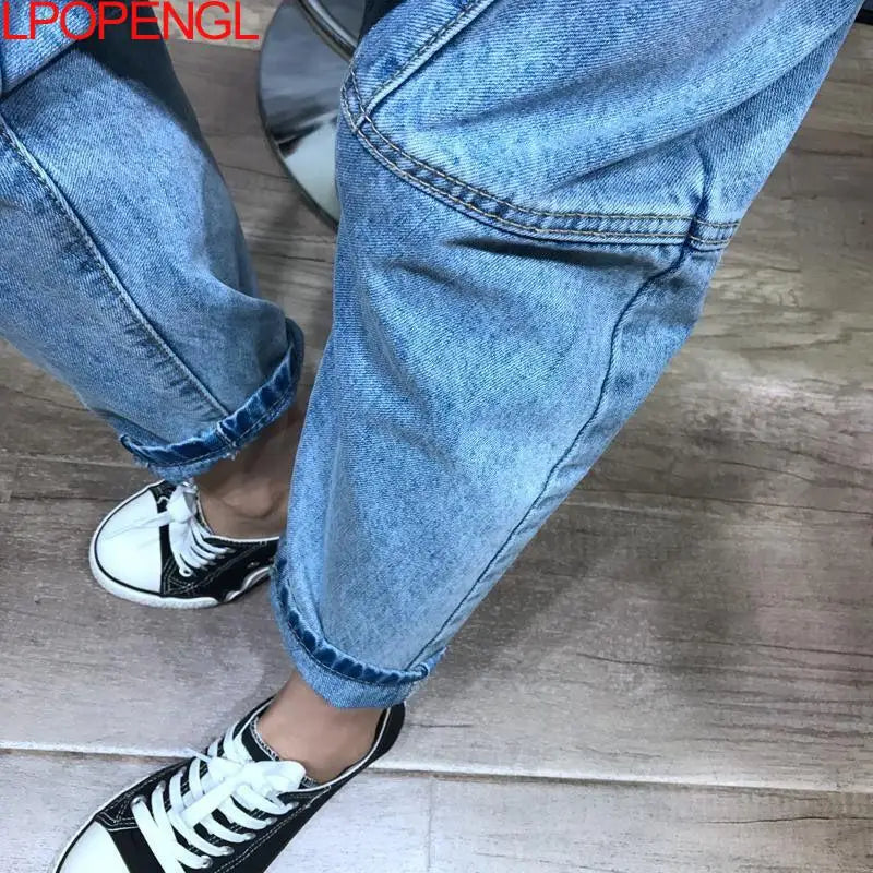 Women High Waist Chic Nine Points Harem Blue Jeans Hip Hop Street Cross-pants Full Length Clothing Boyfriend Washed Pants