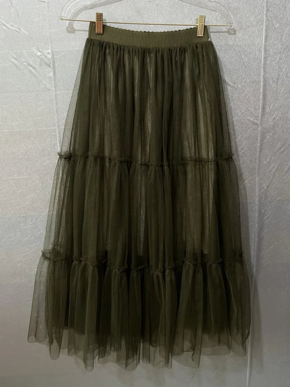 Autumn Fairy Puffy Maxi Long Gauze Skirt Cakee Patchwork A-line Layered Tulle Ankle Long Skirts Green Burgundy
