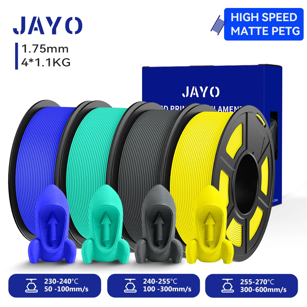 JAYO 4Rolls 3D High Speed Matte PETG 3D Filament 1.75mm 30mm/s - 600mm/s Print Range High Flow Speedy PETG 3D Printer Filament