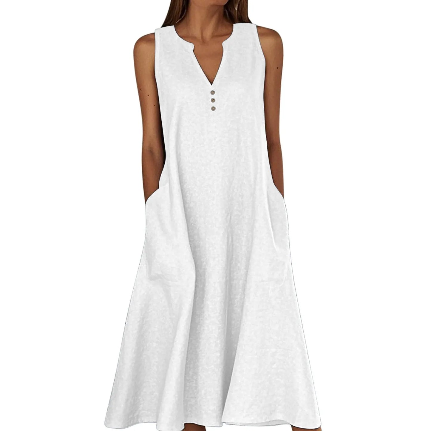 Women's Summer Casual V-neck Button Solid Color Sleeveless Long Dress With Pockets Female Elegant Trendy Casual Loose Dresses