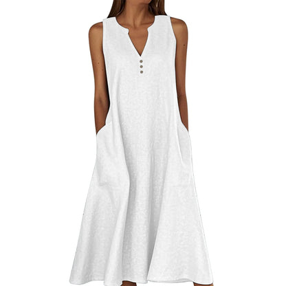Women's Summer Casual V-neck Button Solid Color Sleeveless Long Dress With Pockets Female Elegant Trendy Casual Loose Dresses