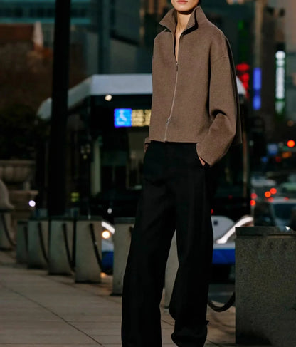 Spring New Casual Versatile Stand Collar Long Sve Double Zipper Jaet Outerwear Commute Sle Loose Fit Regular Length