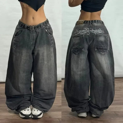 American Fashion Trend Joker Pattern Embroidered Loose Jeans Women Street Y2K New Hip Hop Oversized Wide-leg Pants Unisex Jeans
