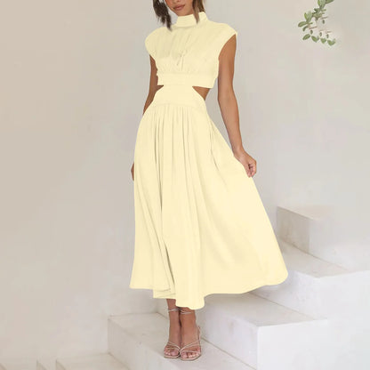Women's Solid Color Basic Fashion High Waist Hollow Out Sexy Casual Streetwear High Neck Sleeveless Pocket Open Waist Maxi Dress