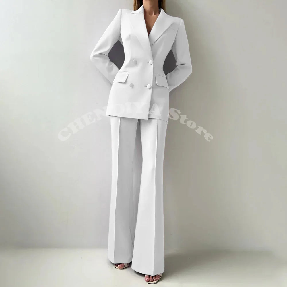 Women Suits Sets 2 Piece Elegant Peak Lapel Double Breasted Outfits Fashion Daily Casual Chic Female Suit (Jacket+Pants)