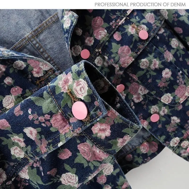 Ladies Spring And Autumn New Retro Fashion Joker Floral Print Long Sleeve Denim Jacket Short Loose Jacket Button Lapel Jacket