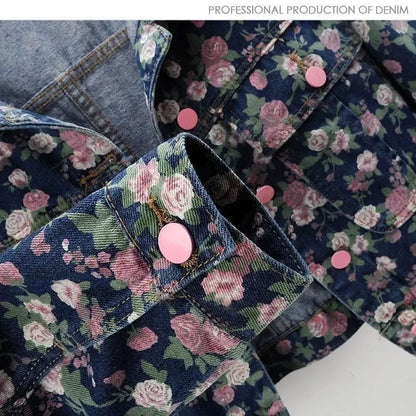 Ladies Spring And Autumn New Retro Fashion Joker Floral Print Long Sleeve Denim Jacket Short Loose Jacket Button Lapel Jacket