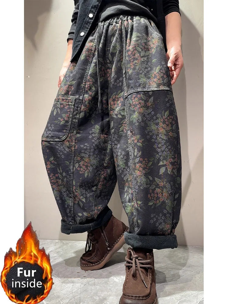 Amax LuluE Winter Casual Vintage Floral Jeans Womens Fashion Fur Denim Pants Ladies Classic Printed Warm Thicken Harem Trousers