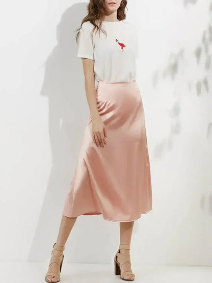 Silk Satin Skirts for Women Korean Style Champagne Office High Waist A-line Skirt Fashion Elegant Solid Long Pencil Skirt 2025