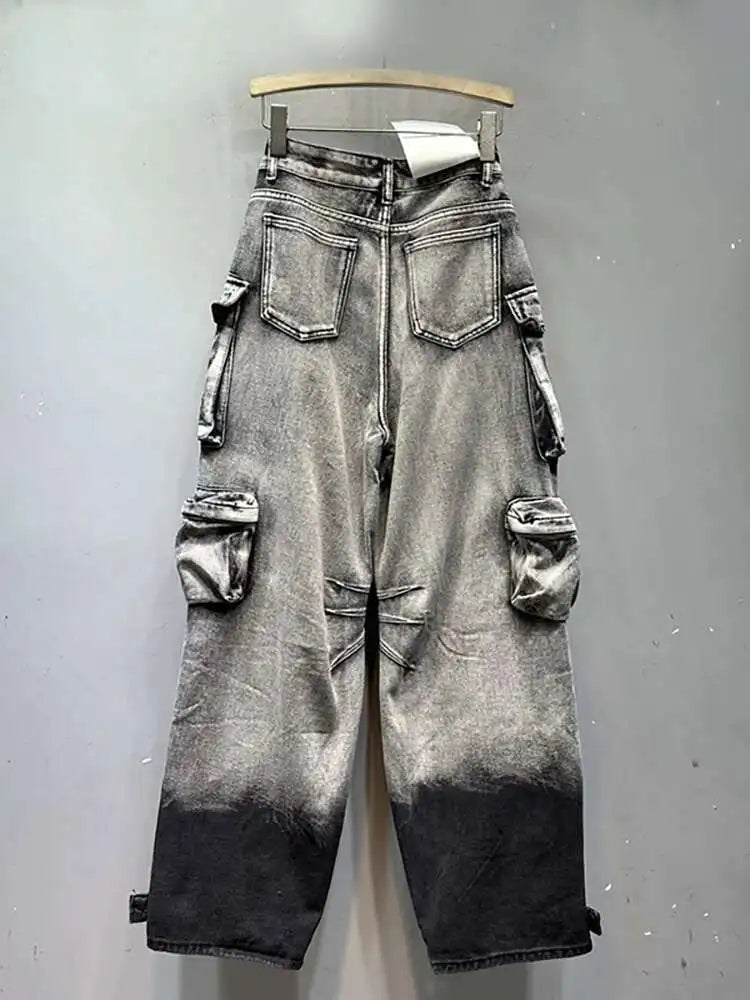 DEAT Women's Jeans Gradient Grey Loose Multiple Pockets Straight Wide Leg Denim Cargo Pants 2026 Summer New Fashion 29L3268