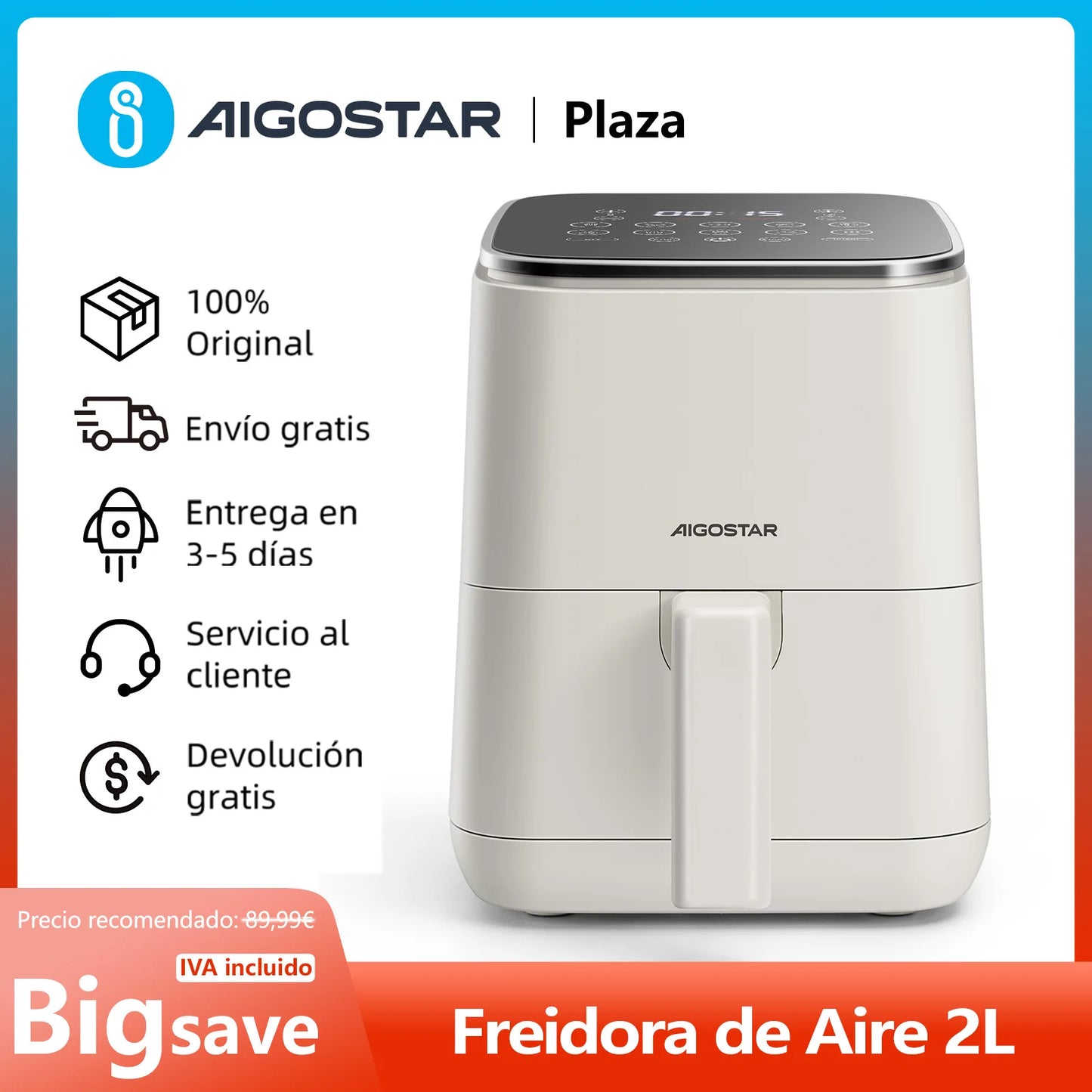2L Air Fryer, 8 Programs, Led Touch Screen, Adjustable Time and Temperature, Removable Non-Stick Grid, 1200W