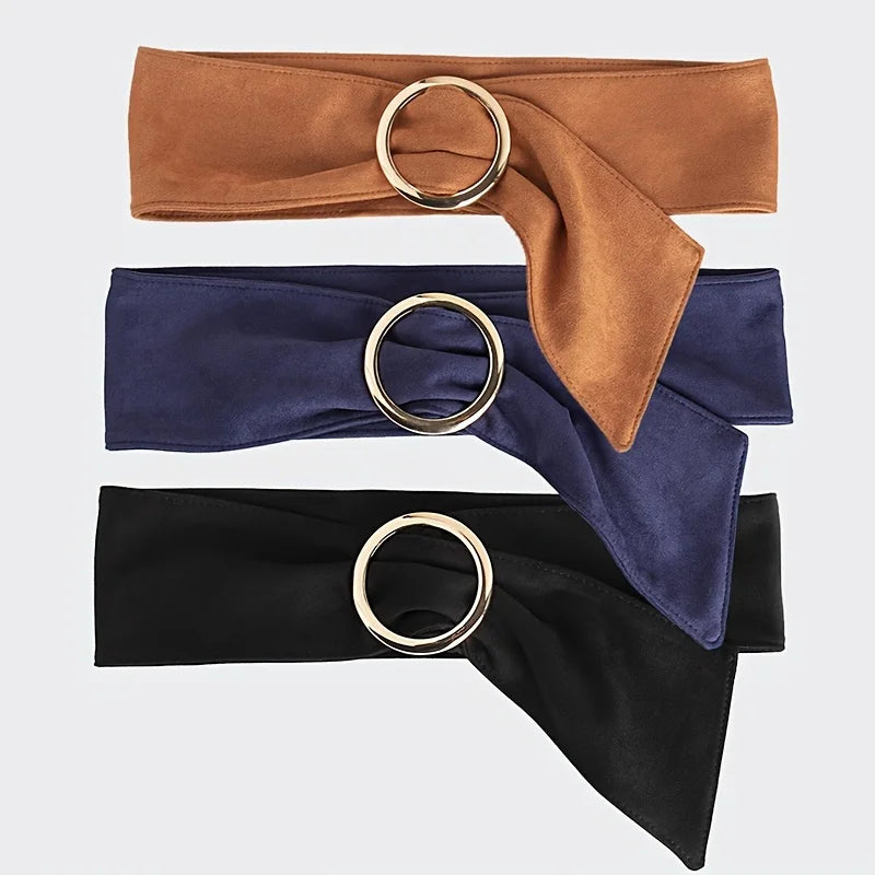 Fashionable and elegant retro women's high-end round buckle suede waist belt, soft and comfortable, versatile with a wide ribbon