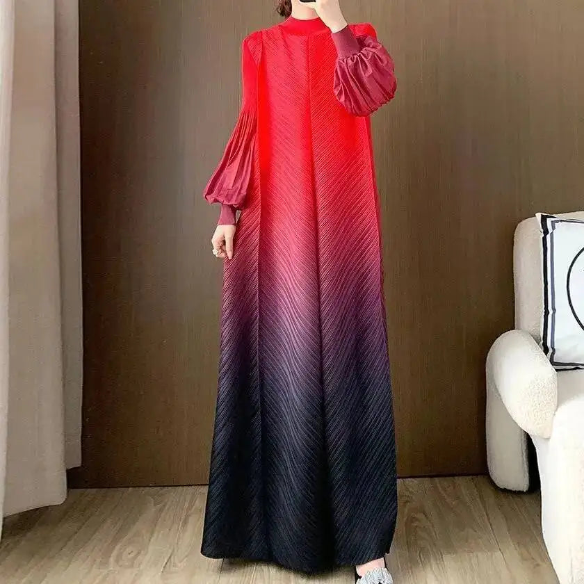 LANMREM Niche Gradient Colorblock Design Pleasted Women's Dress 2025 New Loose Chic Long Sleeve Temperament Long Dresses 2DB3396