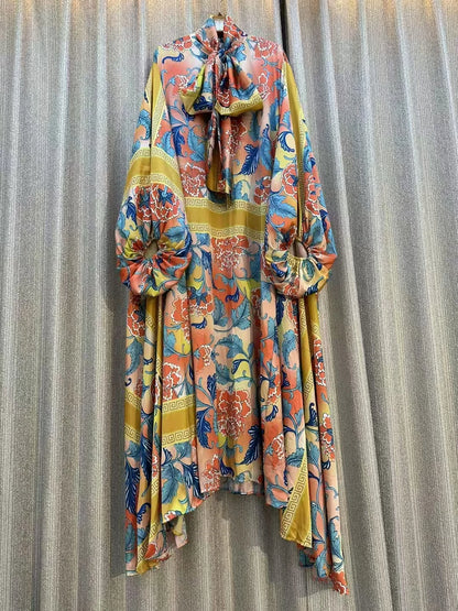Retro Designe New Women's Fashion Elegant Autumn Long Sleeve Casual Loose Print Dress Female High Waist Chic Party Maxi Dress ﻿
