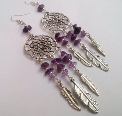 Amethyst Dreamcatcher Earrings , Dream Catcher Earrings , Amethyst Earrings , Tribal Jewelry , Purple Earrings , Handmade