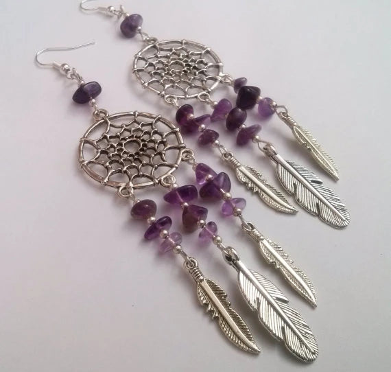 Amethyst Dreamcatcher Earrings , Dream Catcher Earrings , Amethyst Earrings , Tribal Jewelry , Purple Earrings , Handmade