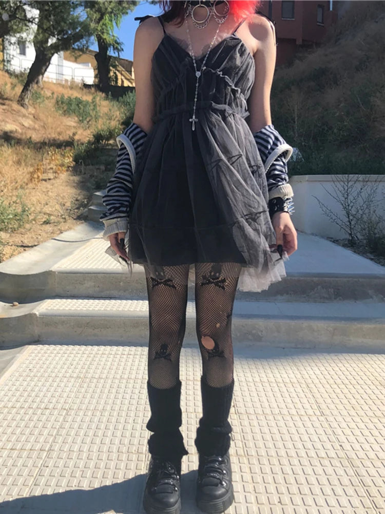 AltGoth Dark Gothic Mesh Dress Women Fairy Grunge Vintage Punk Strapless High Waist Dresses Harajuku Mall Goth Emo Alt Partywear