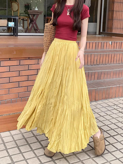 Irregular hem Women's skirt Yellow Blue Skirt High Waist skirts y2k skirt pleated Loose women Pleated Skirts Casual Jupe 2025
