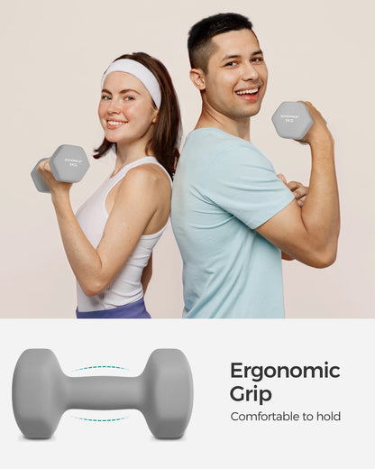 SONGMICS Set of 2 Neoprene Hex Dumbbells, 2 x 5 kg, with Dumbbells Bars, Home Training, Grey