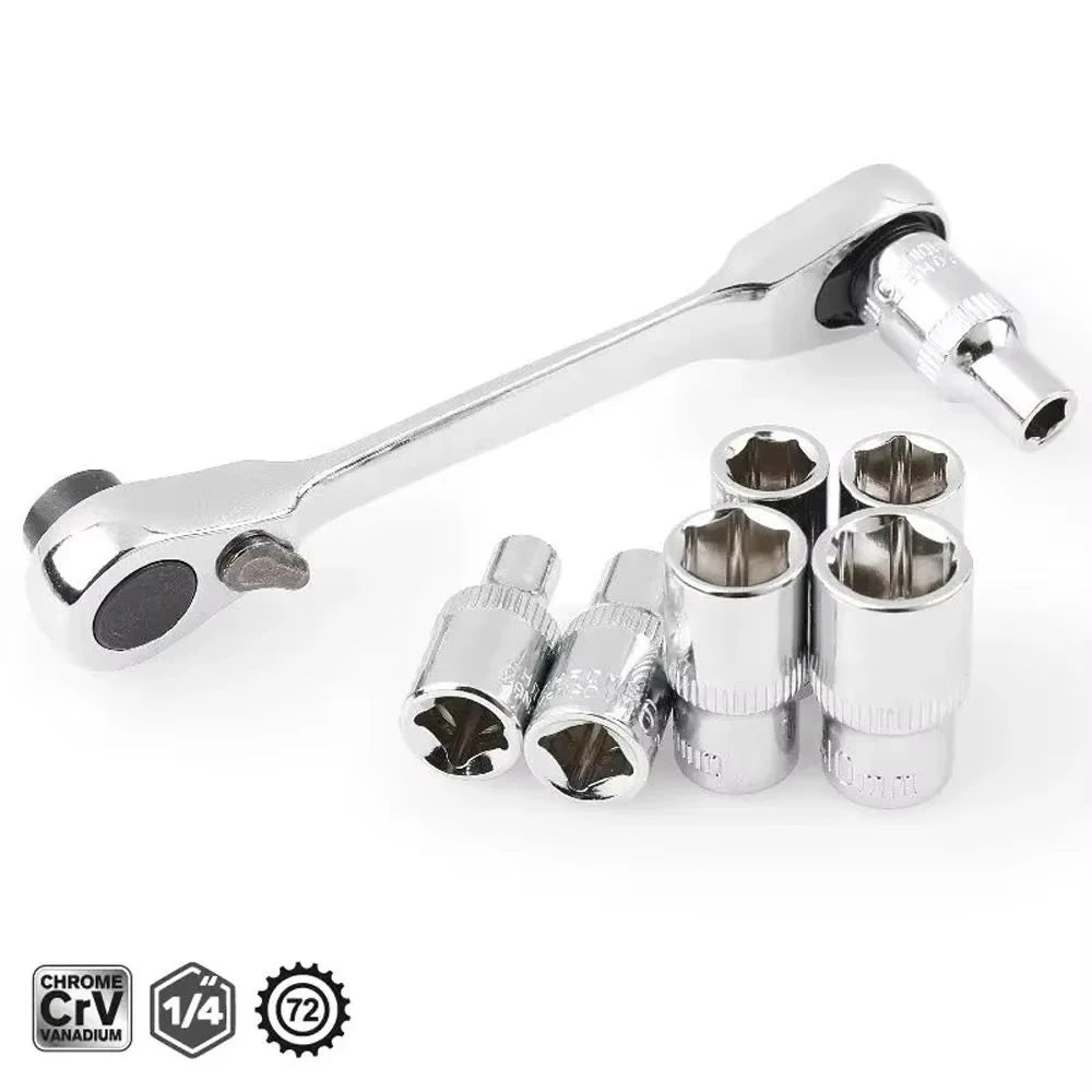 Rafford Mini Treble 1/4 Ratchet Wrench Double Ended Quick Socket Ratchet Wrench Screwdriver Hex Torque Wrenches Set 2in1 Spanner