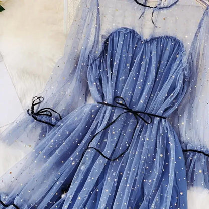 Women Dress Star Shiny Sequin Star Flare Sleeve Lace Up Priceess Korean Fashion Solid Color Elegant Mesh Lace Summer Clothing