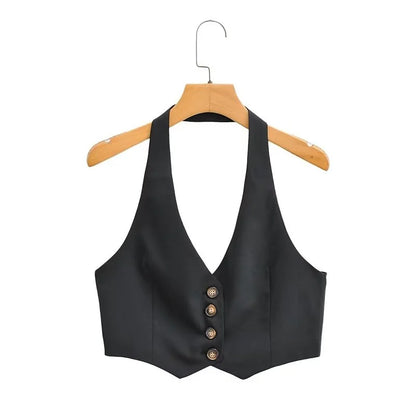 KEYANKETIAN Summer New Single-Row Buttoned-Up Hanging Neck Ultra Short Waistcoat Vest Women's Casual Backless Suspender Top