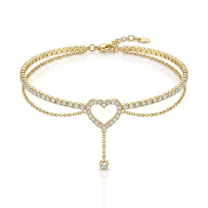 Sparkly Rhinestone Hollow Heart Teardrop Anklet Double Layer Foot Chain For Women Summer Beach Vacation Jewelry