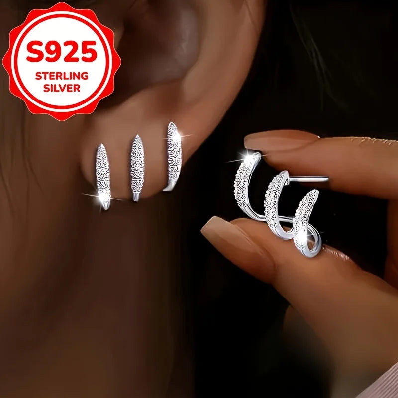 2 Pieces Of Fashionable Women's Earrings, Made Of 925 Sterling Silver, With A Minimalist Design And Three-Layer Curved Shape