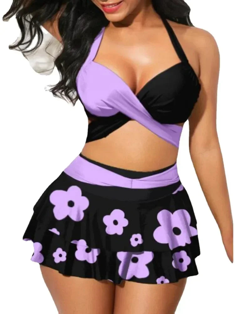 2025 Women Summer Swimsuit Push Up 2 Piece Bikini Set Female High Waist Sports Swimwear With Cover Up Skirt Bathing Suit S-3XL
