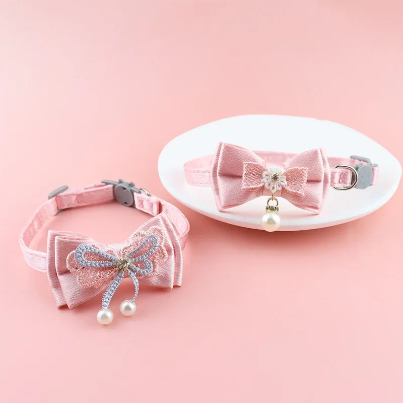 Pet Collar Pink Lace Bow Hanging Bead Cat Collar with Bell Pet Dog Kitten  Accessories Fof Small Dogs Pet Products