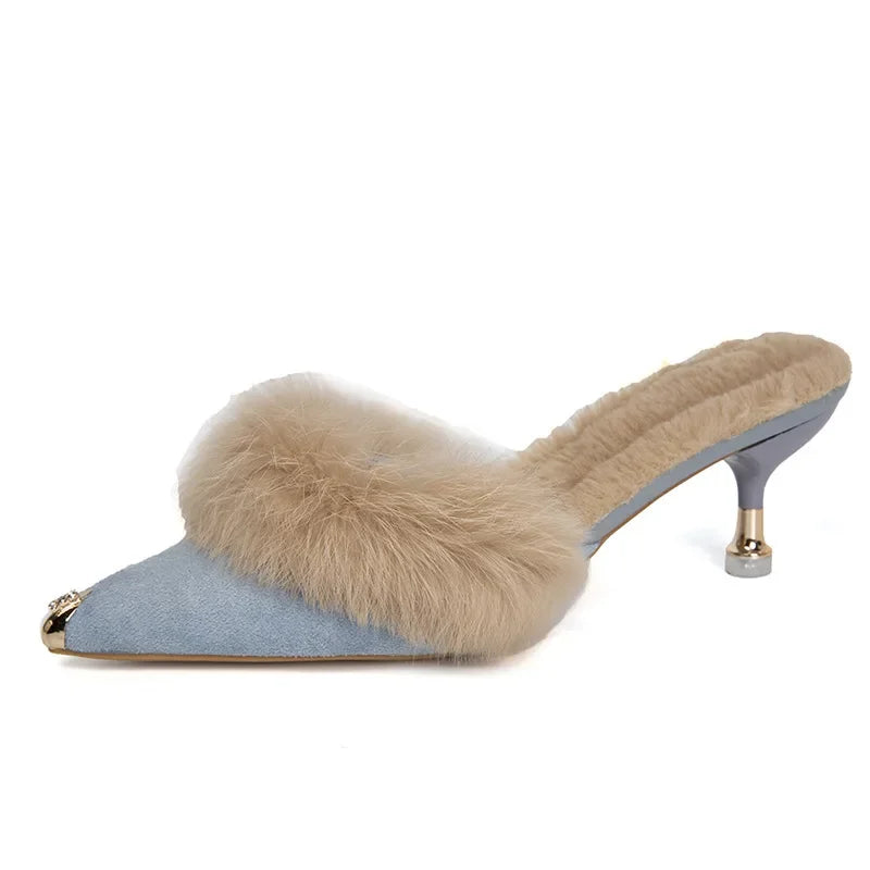 Women High Heel Shoes 2025 Fur Slippers Mules Pointed Toe Furry Slides Fashion Elegant Luxury Designer Flip Flops Office Pumps
