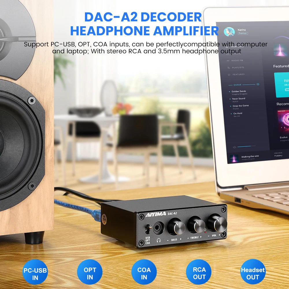 AIYIMA DAC-A2 HiFi Audio Decoder USB Headphone Amplifier Coaxial Optical Output Stereo Gaming DAC For Amplifier Active Speakers