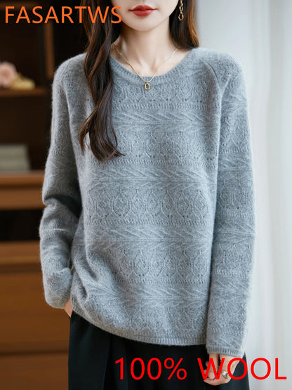 New Arrival Women's Hollow Out 100% Wool Knitted Sweater Round Neck Long Sleeve Slim Fit Breathable Pullover Versatile Daily Top