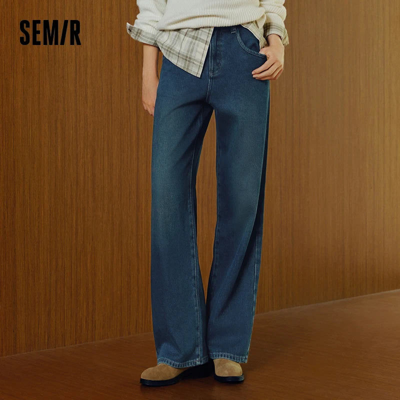 Semir Jeans Women Frayed Trousers 2024 Winter New Loose Straight Leg Pants Denim Trousers