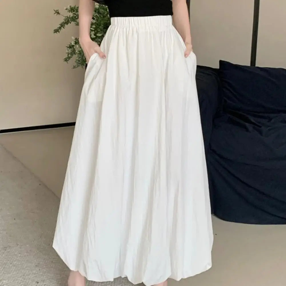 Elasticated Waist Skirt Elastic High Waist Bubble Maxi Skirt with Ankle-length Lantern Design Solid Color A-line for Spring