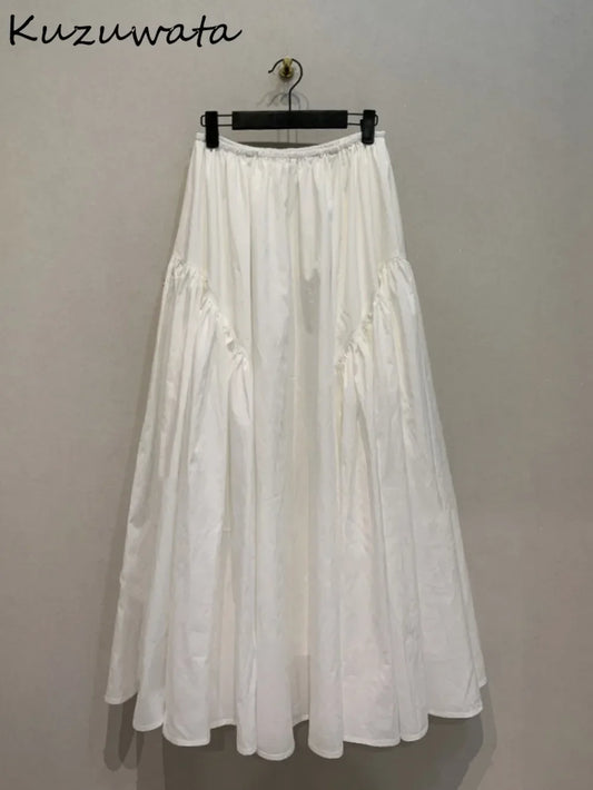 Kuzuwata Loose Autumn Winter Casual Solid Skirt A-line Mid-length Patchwork Big Swing Faldas Japan Moda Ruched All-match Skirts