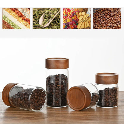 High Borosilicate Glass With Lids Storage Tank Acacia Wood Miscellaneous Grain Sealed Can Storage Pots Split Bottle Spice Jars
