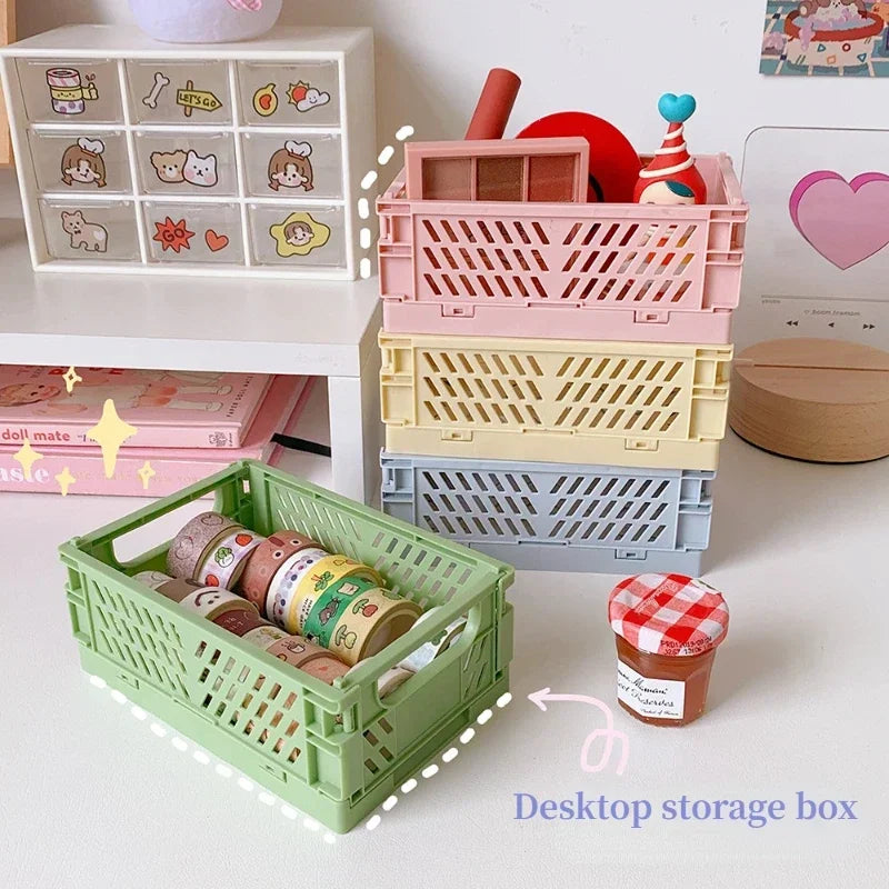 Foldable Storage Box Plastic Storage Organizer Student Desktop Organizer Stationery Snacks Storage Basket Home Storage Accessory