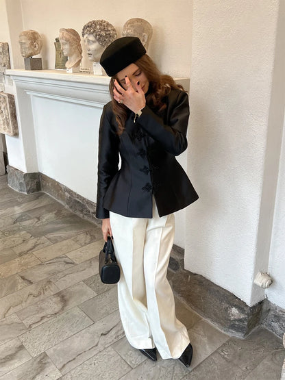 Chic Satin Women Short Buttoned Coat Elegant Round Neck Single Breasted Cinched-waist Crop Jacket 2026 Lady Commute Street Coats