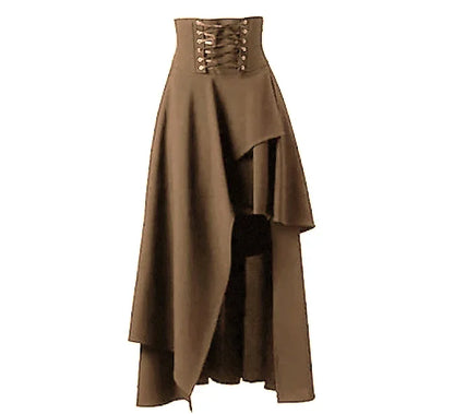 High Low Skirt Gothic Punk Lace Up Cincher Maxi Skirt Rock Hippie Pirate Draped Outfit Halloween Costume For Women