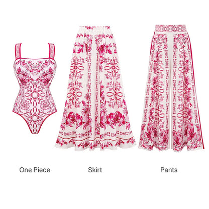 Flaxmaker Summer New Women Sexy Hawaiian Lace Up V Neck Ruffle Swimsuit and Sarong Women Swimwear Set Push Up Bathing Suit