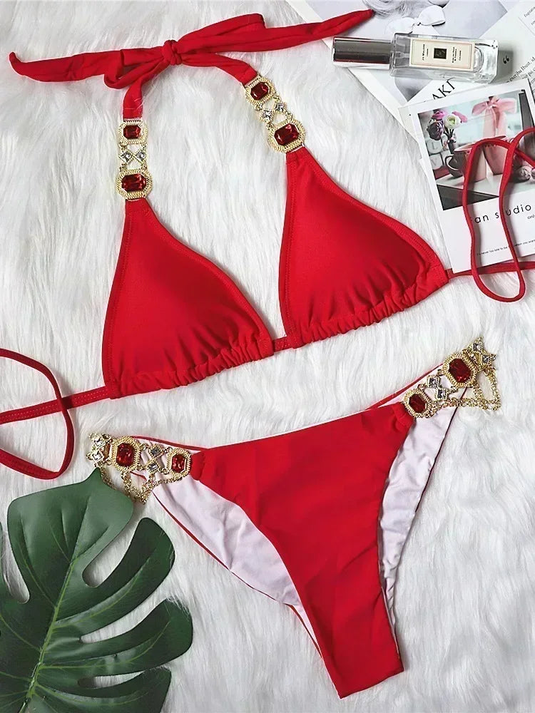 Halter Crystal Rhinestone Diamond Bikini 2025 Female Swimsuit Women Swimwear Two Pieces Bikini set Brazilian Bathing Suit Swim
