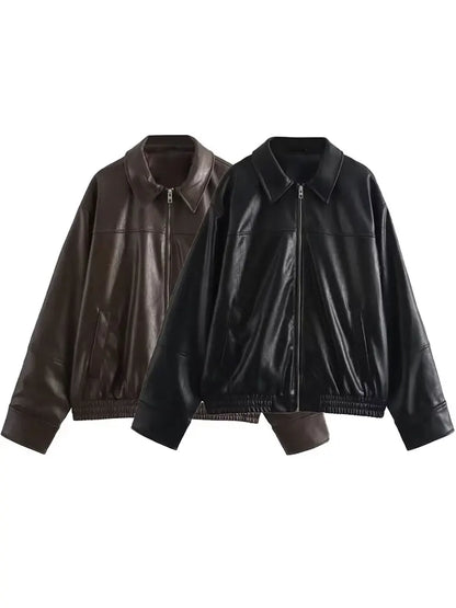 HH Female Streetwear Style Coats Solid Turn-Down Collar Long Sleeves Pockets Zipper Autumn Jackets Woman 2024 Trendy 2 Color