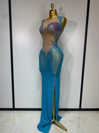 Women Sexy Evening Party Gowns Sparkly Diamonds See Through Mesh Stretch Asymmetrical Dress Celebrity Elegant Singer Outfit