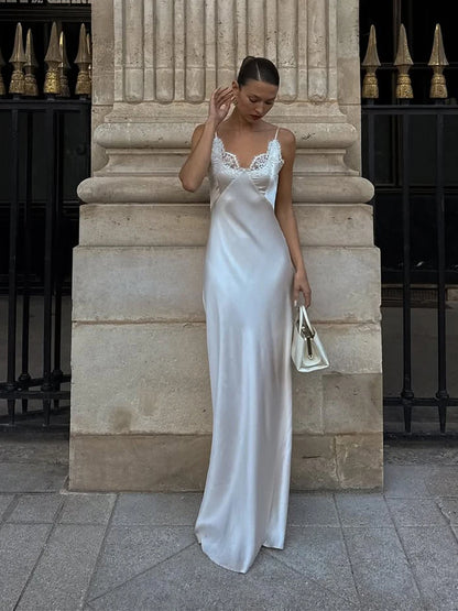 Sexy Lace Trim Satin Dress Women Fashion Square Neck Sleeveless Waist-cinching Split Slim Mini Dresses Summer Lady Party Robes