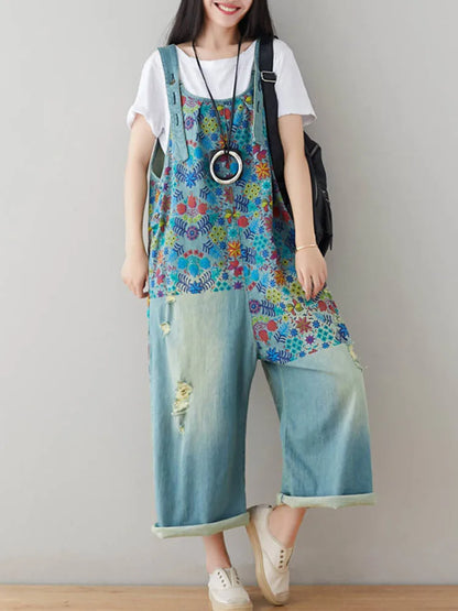 Amax luluE Streetwear 2025 Spring Flower Fashion Pants Women Vintage Printed Overalls Ladies Ripped Punk Jeans Bleached Trousers