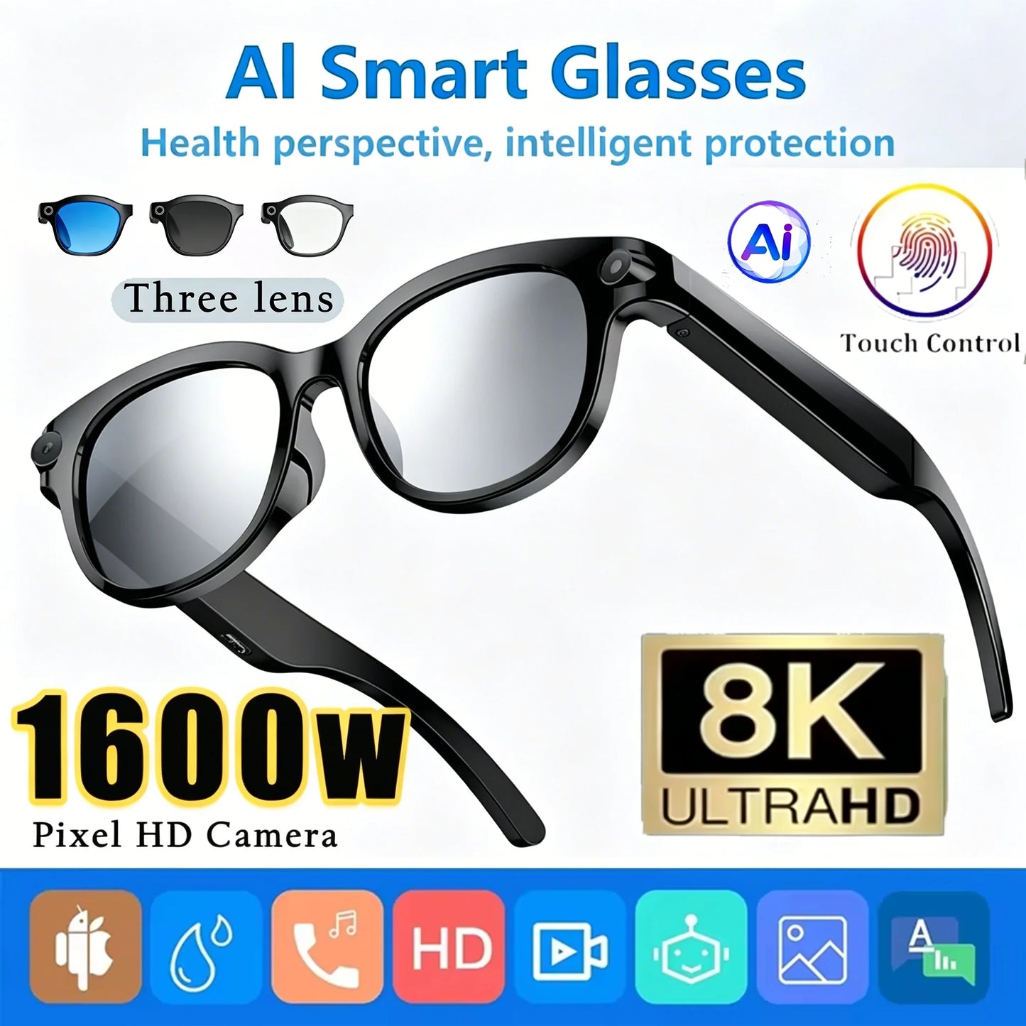 Lenovo 2026 New 8K AI Translation AI Smart Glasses Bluetooth Calling Music Player Camera Control Anti Blue Light Sunglasses