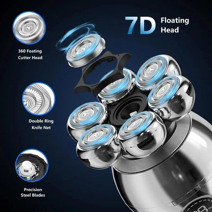 5 In 1 Electric Head Shaver for Bald Men 7D Floating Cutter Beard Trimmer Clipper IPX5 Waterproof Shaving USB Wireless Charging