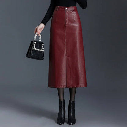 Autumn and Winter Fashion PU Leather Skirt, Solid Color High Waist Straight Tube Package Hip A Word Slit Half Body Skirt Women